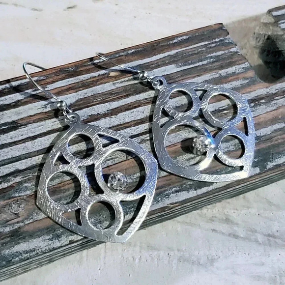 Austrian Crystal Brushed Silver Stainless Steel Geometric Filigree Earrings - Picture 1 of 5